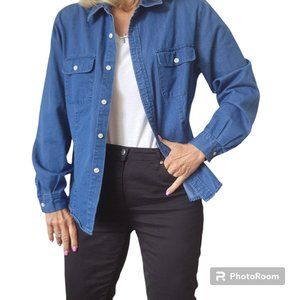 Talbots Womans Denim Lonog Sleeve Shirt Sz M Blue Cotton 2 Pocket Long Sleeve